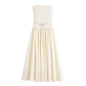 Elegant strapless cream midi dress featuring pleated skirt and matching waist belt