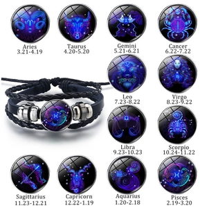 Bracelet Constellation Zodiaque Cuir Tressé Multicouche Lumineux Nuit Brillante Verre Cabochon Charme Réglable Unisexe