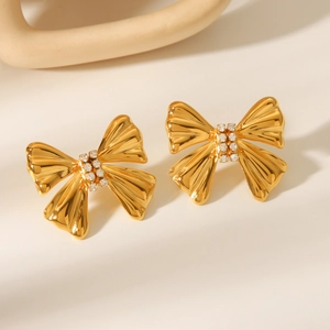 Elegant 18K gold-plated stainless steel bow earrings with sparkling micro-inlaid rhinestones