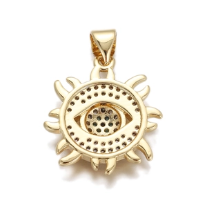 Detailed view of a gold-plated evil eye charm with blue zircon and sunburst edges