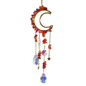 Golden moon suncatcher with red amethyst stones and iridescent crystal ball pendants