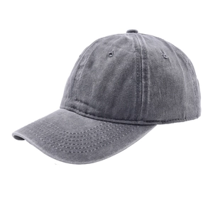 Detail of dark grey washed cotton baseball cap with retro vintage texture and stitching