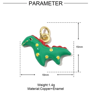 Detailed view of green enamel dinosaur pendant with 18mm x 15mm size measurements