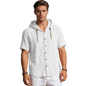 Men's white breathable linen short sleeve hooded shirt in casual loose fit style