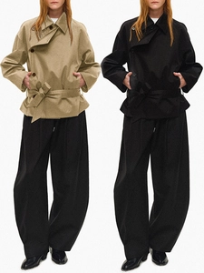Women Short Trench Coat Jacket Pure Cotton Double Breasted Lapel Collar Waist Belt Long Sleeve Casual Loose Outerwear