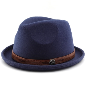 Classic dark blue fedora hat with brown embossed leather band and sunflower metal stud
