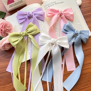 Elegant satin ribbon bow hair clips set in five pastel colors with long streamers