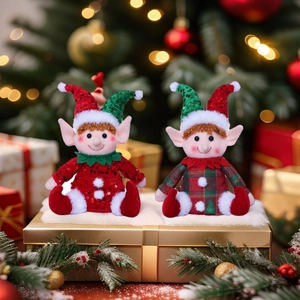 Sitting Christmas elf plush dolls set with red sequins and green plaid hats on gift box