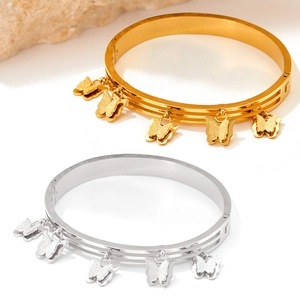 Three-layer stainless steel bracelets with frosted butterfly charms in gold and silver