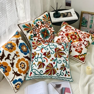 Pastoral floral ethnic 3D embroidered throw pillow cover for cozy sofa couch home decor.