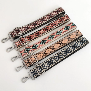 Adjustable jacquard bag straps with colorful ethnic patterns and silver metal hooks