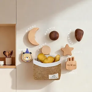 Wooden Wall Hooks Decorative Solid Wood Moon Star Animal No-Drill Adhesive Hat Coat Hangers Furniture Drawer Knobs