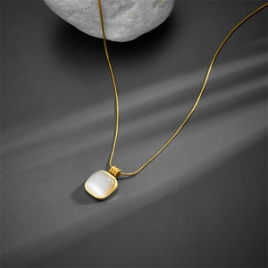 Titanium steel snake chain necklace with a square white cat eye stone pendant in gold