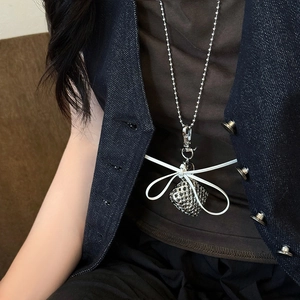 Silver woven heart pendant necklace with white bow and metallic bead chain for women