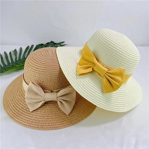Women Straw Sun Hat Large Brim Summer Beach Breathable Bowknot Ribbon Elegant Pastoral Style Foldable Travel Cap