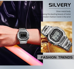 Macro detail of square silver metal sports watch with digital display and waterproof case