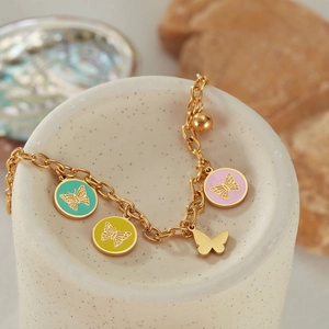 Chic stainless steel gold bracelet with colorful enamel butterfly charms and small beads