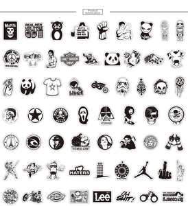 Grid layout of black and white punk gothic graffiti stickers with various cool brand logos