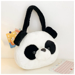 Close-up of a plush panda head handbag with soft black handles and fluffy texture