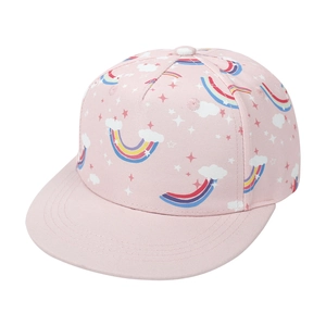 Detailed view of pink kids hip-hop flat brim cap with rainbow and cloud print pattern