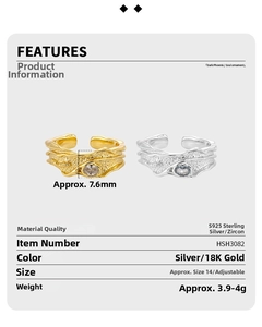 Detailed spec sheet of S925 silver textured ring with zircon and 7.6mm width