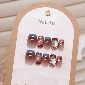 French Luxury Gradient Press On Nails Handmade Square Fake Nails With Rhinestones And Gold Foil Decor Elegant Manicure For Women