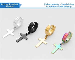 Polished stainless steel cross hoop earrings in silver, gold, black, and rainbow colors