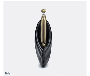 Side view of black genuine leather vintage clutch bag with brass metal clasp closure