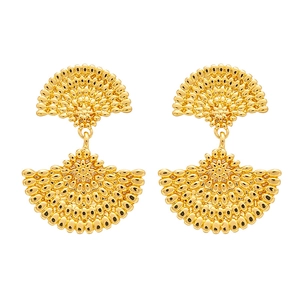 Golden fan-shaped geometric earrings with textured hollow pattern in vintage style