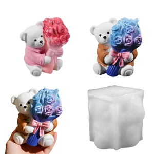 Bear Holding Flower Bouquet Silicone Mold Rose Teddy Bear For DIY Candle Making Resin Casting Soap Crafting Valentine Gift