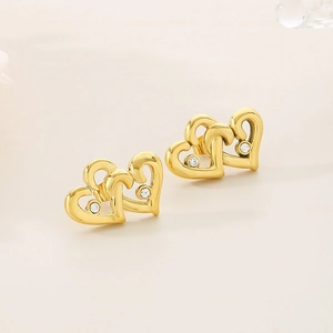 18K gold plated heart stud earrings with sparkling white cubic zirconia crystals