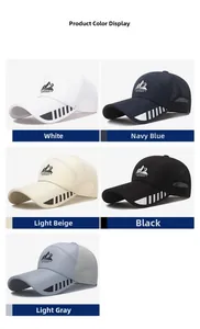 Detail view of five mesh baseball caps in white, navy, beige, black, and light grey colors