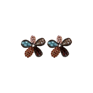 Floral silver needle stud earrings with vibrant crystal petals and rhinestone center detail