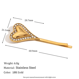 Vintage 18K gold plated stainless steel heart hair clip with pavé crystal edges
