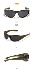Detailed views of olive green Y2K sunglasses with anti-slip texture and UV gray lenses