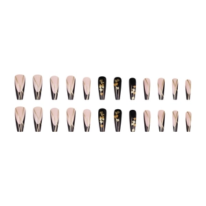 Long ballerina press-on nails with black gold maple leaf design and French stripes