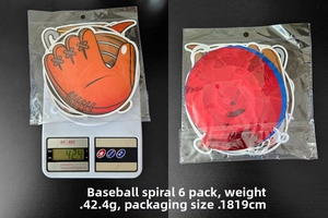 Detailed view of 6-piece baseball swirl decorations with weight measurement of 42.4g
