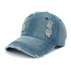 Vintage rainbow distressed denim baseball cap with stylish ripped details and colorful stitching