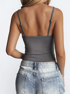 Detailed back view of grey ribbed Y2K lace camisole with adjustable straps for women