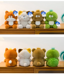 Front and back views of four cartoon plush toys including fox, cat, bear, and turtle