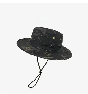 Tactical camo boonie hat detail with metal ventilation eyelets and adjustable chin strap