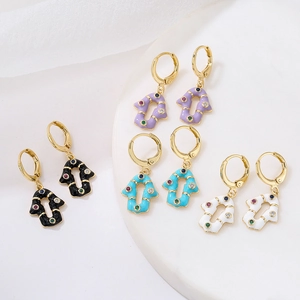 18K gold plated Hamsa hand drop earrings set with colorful zircon and enamel inlay