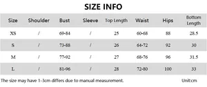 Size chart showing dimensions in cm for the women's strapless crop top and shorts set