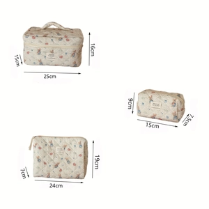 Three sizes of quilted cotton rabbit print makeup bags with black dimension markings