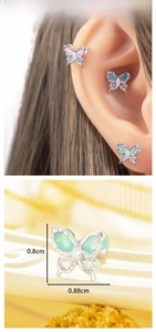 Detail of silver butterfly earring with zirconia inlay and 0.8cm size measurement
