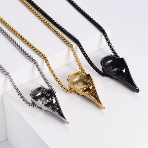 Gothic Viking raven skull pendant necklace in gold, silver and black stainless steel