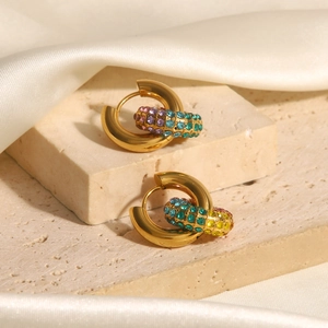 18k gold plated hoop earrings with multicolored rhinestone donut charms on stone