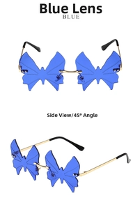 Detail view of blue butterfly rimless sunglasses with gold and black metal temples