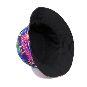 80s retro bucket hat with colorful graffiti back print and crown pattern for outdoor sun shade
