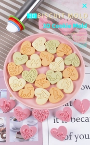 3D heart shaped cookie cutters set with various LOVE embossed patterns and textures